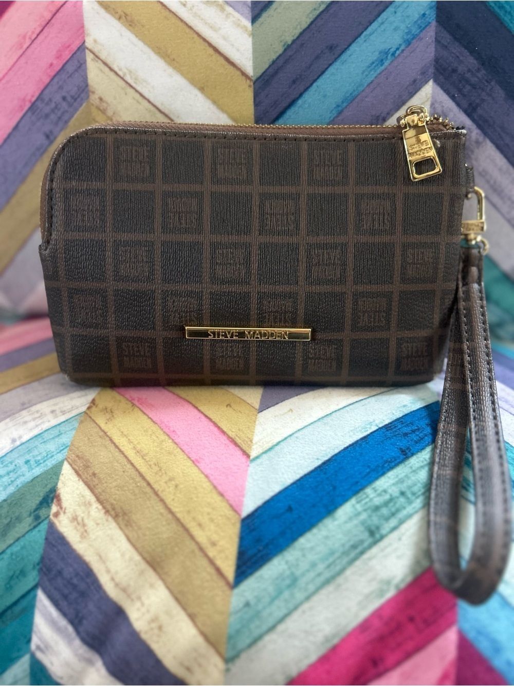 Steve Madden Brown Logo Double Zip Wristlet Wallet Pouch